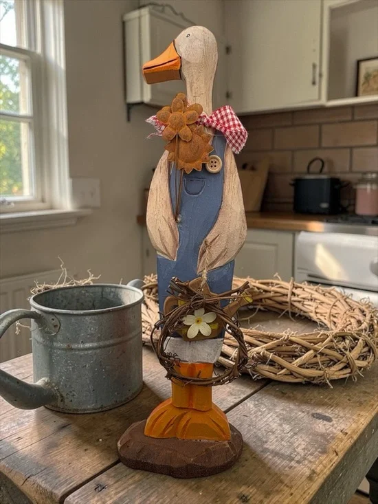Vintage Wood Carved Goose Freestanding 12” Figure Duck W/Basket Statue Rare Find - Picture 3 of 16
